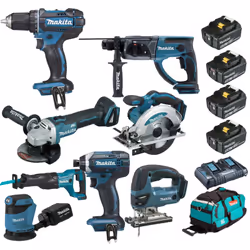 Pack Premium MAKITA 18V de 8 machines 4 batt 5Ah comprenant : - 1 Perceuse visseuse 18V 62Nm DDF482 - 1 Visseuse à chocs 18V  ...