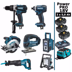 Pack Power PRO MAKITA 18V 7 outils 3 batt 5Ah comprenant: - 1 Perceuse visseuse 18V 91Nm DDF458 - 1 Visseuse à chocs 18V 165N ...