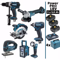 Pack Power PRO MAKITA 18V 7 outils 3 batt 5Ah comprenant: - 1 Perceuse visseuse 18V 91Nm DDF458 - 1 Meuleuse angulaire 18V Ø  ...