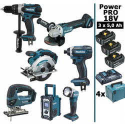 Makita - Pack Power pro 7 outils 18V: DDF458 + DGA504 + DTD152 + DJV180 + DSS610 + DMR108 + DEADML802 + 3 batt 5Ah + 4 Coffrets