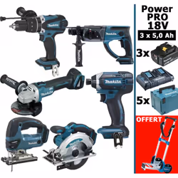 Pack Power PRO MAKITA 18V 6 outils 3 batt 5Ah comprenant: - 1 Perceuse visseuse 18V 91Nm DHP458 - 1 Perfo-burineur SDS-Plus 1 ...