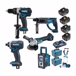 Pack PRO Access MAKITA 18V 5 machines, 4 batteries 5Ah, comprenant : - 1 Perceuse visseuse 18V 91Nm DDF458 - 1 Visseuse à cho ...