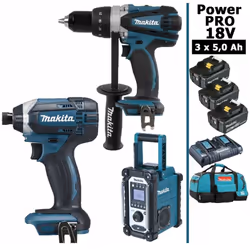 Pack Power PRO MAKITA 18V 3 outils 3 batt 5Ah comprenant: - 1 Perceuse visseuse 18V 91Nm DDF458 - 1 Visseuse à chocs 18V 165N ...