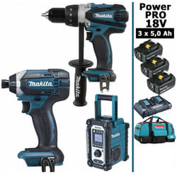 Makita - Pack Power pro 18V: Perceuse 91Nm DDF458 + Visseuse à chocs 165Nm DTD152 + Radio de chantier DMR108 + 3 batt 5Ah + sac