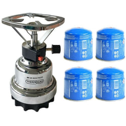 Camper Gaz - Rechaud gaz 1200W piezo Coque inox + 4 cartouches de gaz 190gr