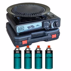 Réchaud à gaz 2200W Etna + Plaque Grill Barbecue + 4 Cartouches gaz Camping Mallette INTEC
