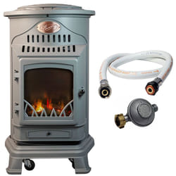 Universal - Poele à gaz 3,4 kw Gris Souris Effet poêle à bois Fonte véritable + Tuyau gaz + détendeur butane Provence