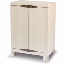 Découvrez l'armoire de rangement basse en polypropylène INTEC beige et taupe, robuste et idéale pour le rangement extérieur o ...