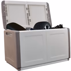 Découvrez la malle de rangement en polypropylène beige et taupe, pratique et robuste. Avec une capacité de 230 litres, elle e ...