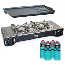 Intec - Kit Plancha Gaz 2en1 Complet - Réchaud 2 feux Inox 4400W + Plaque Grill + 4 Cartouches Gaz Butane Intérieur/Extérieur