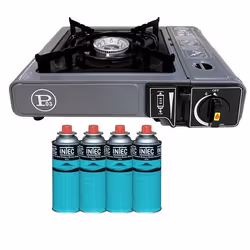 Réchaud gaz Camping 1 Feu 2200W + 4 Cartouches gaz Butane Allumage Piezo – Camping Randonnée Cuisine Extérieure INTEC