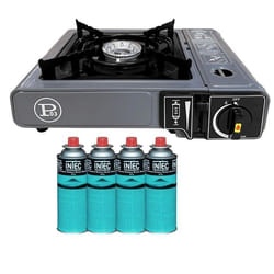 Réchaud gaz Camping 1 Feu 2200W + 4 Cartouches gaz Butane Allumage Piezo – Camping Randonnée Cuisine Extérieure INTEC
