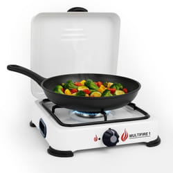 Plaque de cuisson gaz 1 feu 1500W Brûleur acier Réchaud Gaz butane ou propane Blanc laqué Grille Couvercle