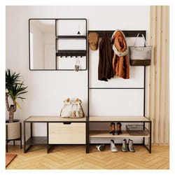 Ensemble meubles dentrée banc miroir et portant bois et métal