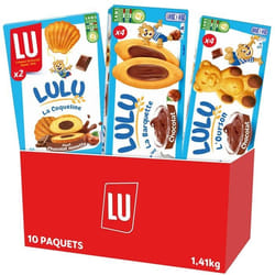 LU - La Boîte Chocolatée Lulu - Lot de 10 Paquets : Barquette Choco Noisettes x4 Coqueline Chocolat x2 Ourson Choco x4 - 141kg