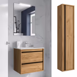 Meuble de salle de bain Dimensions 60 cm Couleur Chêne africain Miroir Avec miroir + LED Colonne de rangement  Avec colonne