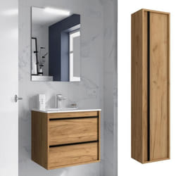 Meuble de salle de bain Dimensions 60 cm Couleur Chêne africain Miroir Avec miroir + LED Colonne de rangement  Avec colonne