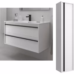Meuble de salle de bain Dimensions 100 cm Couleur Blanc mat Miroir Sans miroir Colonne de rangement Avec colonne Le Meuble de ...