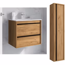 Meuble de salle de bain Dimensions 80 cm Couleur Chêne africain Miroir Sans miroir Colonne de rangement Avec colonne Le Meubl ...