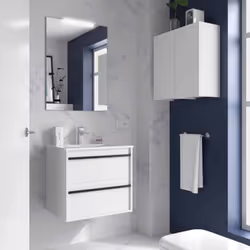 Meuble de salle de bain Dimensions 60 cm Couleur Blanc mat Miroir Avec miroir + LED Colonne de rangement Sans colonne Le Meub ...