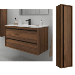 Meuble de salle de bain Dimensions 100 cm Couleur Noyer Maya Miroir Sans miroir Colonne de rangement  Avec colonne