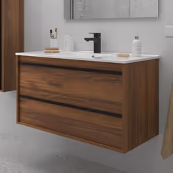 Meuble de salle de bain Dimensions 100 cm Couleur Noyer Maya Miroir Sans miroir Colonne de rangement Sans colonne Le Meuble d ...