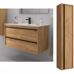 Meuble de salle de bain Dimensions 100 cm Couleur Chêne africain Miroir Sans miroir Colonne de rangement Avec colonne Le Meub ...