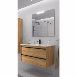 Meuble de salle de bain Dimensions 100 cm Couleur Chêne africain Miroir Avec miroir + LED Colonne de rangement Sans colonne L ...