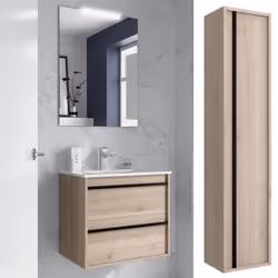 Meuble de salle de bain Dimensions 80 cm Couleur Chêne naturel Miroir Avec miroir + LED Colonne de rangement  Avec colonne