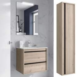 Meuble de salle de bain Dimensions 80 cm Couleur Chêne naturel Miroir Avec miroir + LED Colonne de rangement  Avec colonne