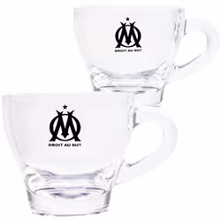 Coffret de 2 tasses à café en verre Olympique de Marseille En verre Dimensions : Hauteur 6 cm x Diamètre avec anse 8 cm Savou ...