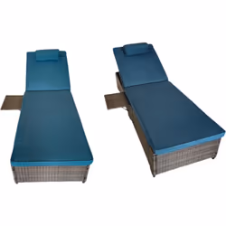 Lot de 2 transats coussins bleus foncés en résine tressée avec tablette latérale Offrez-vous des instants de détente avec ce ...