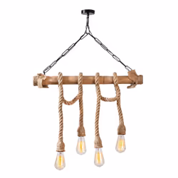 Suspension rustique filaire 4 lampes cordes et bois LOANE, Concept Usine