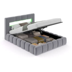 Lit nuage coffre LED 140x190cm velours gris OMAHA, Concept Usine - 140 x 190 cm