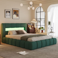 Lit nuage coffre LED 140x190cm velours vert OMAHA, Concept Usine - 140 x 190 cm