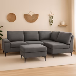 Canapé d'angle 4/5 places en tissu chenille gris anthracite avec pouf COLCHESTER, Concept Usine