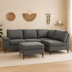 Canapé d'angle 4/5 places en tissu chenille gris anthracite avec pouf COLCHESTER, Concept Usine