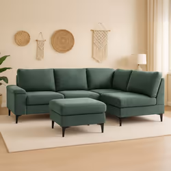 Canapé d'angle 4/5 places en tissu chenille vert avec pouf COLCHESTER, Concept Usine