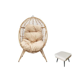 Ensemble d'extérieur : fauteuil suspendu effet rotin et repose-pieds avec coussin beige JANE, Concept Usine