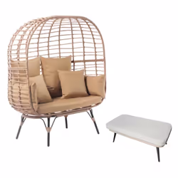 Ensemble fauteuil sur pied effet rotin et repose-pieds avec coussin beige JANE, Concept Usine