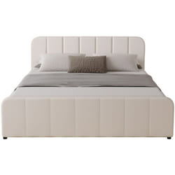Lit avec coffre de rangement 140x190cm en velours beige TAMPA