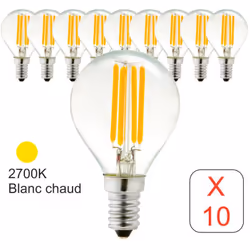 Description générale Ce lot de 10 ampoules LED filament sphérique G45 E14 de 4W (équivalent à 40W) offre une lumière chaleure ...