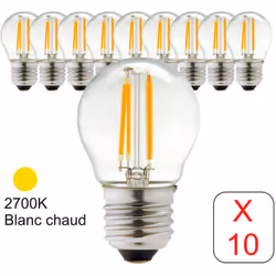 Lot de 10 ampoules LED filament sphérique G45 E27 4W (equiv. 40W) 470Lm 2700K Description du produit : Des ampoules de haute ...