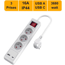Arcotec - Multiprise 3 prise avec interrupteur + 1xUSB a - 1xUSB c - garantie 2 ans