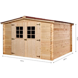 Habrita - Abri Montana Double Pente 9,58 m² – Épicéa Massif 28 mm – Plaques Ondulées Bitumées Rouges – Sans Plancher