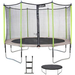 Kangui - Trampoline de jardin 365 cm + filet de sécurité + échelle + bâche de protection JUMPI Taupe/Vert 360.