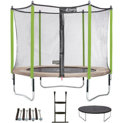 Kangui - Trampoline de jardin 305 cm + filet + échelle + bâche + kit d'ancrage JUMPI Taupe/Vert