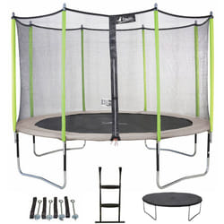 Kangui - Trampoline de jardin 365 cm + filet + échelle + bâche + kit d'ancrage JUMPI Taupe/Vert