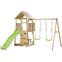 Aire de jeux portique en bois woodi - Double balançoire, toboggan, mur d'escalade, bac a sable, table pique nique, cabane, échelle - Kangui