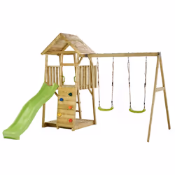 KANGUI Aire de jeux portique en bois WOODI - Double balançoire, toboggan, mur d'escalade, bac à sable, cabane, échelle